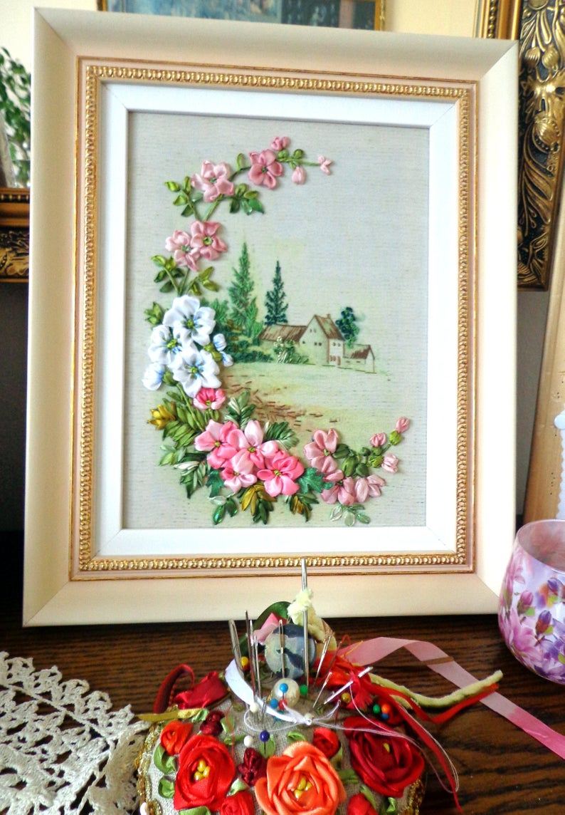Ribbon Embroidery Flowers Patterns Embroidered Picture Landscape Silk Ribbon Embroidery Flowers Ribbonwork This Work Is Framed