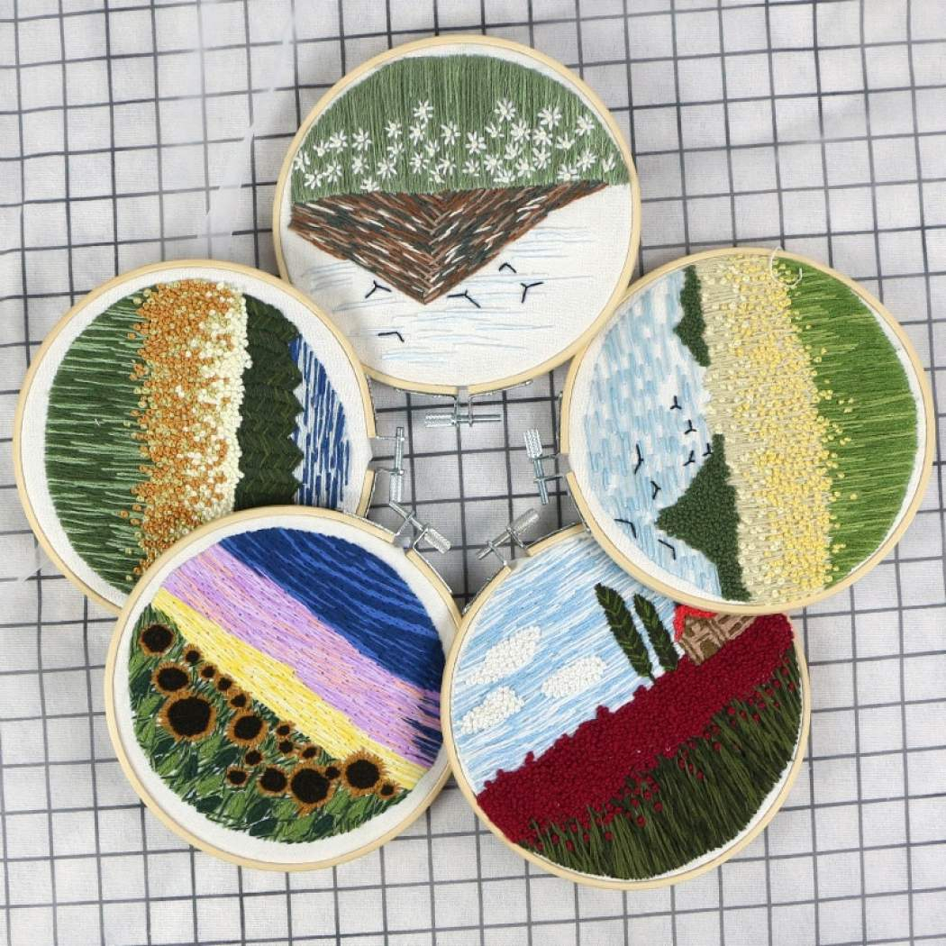 Ribbon Embroidery Flowers Patterns Europe Diy Flowers Landscape 3d Ribbon Embroidery Set With Round Frame Cross Stitch Printed Cartoon For Beginner Gift Home Decor