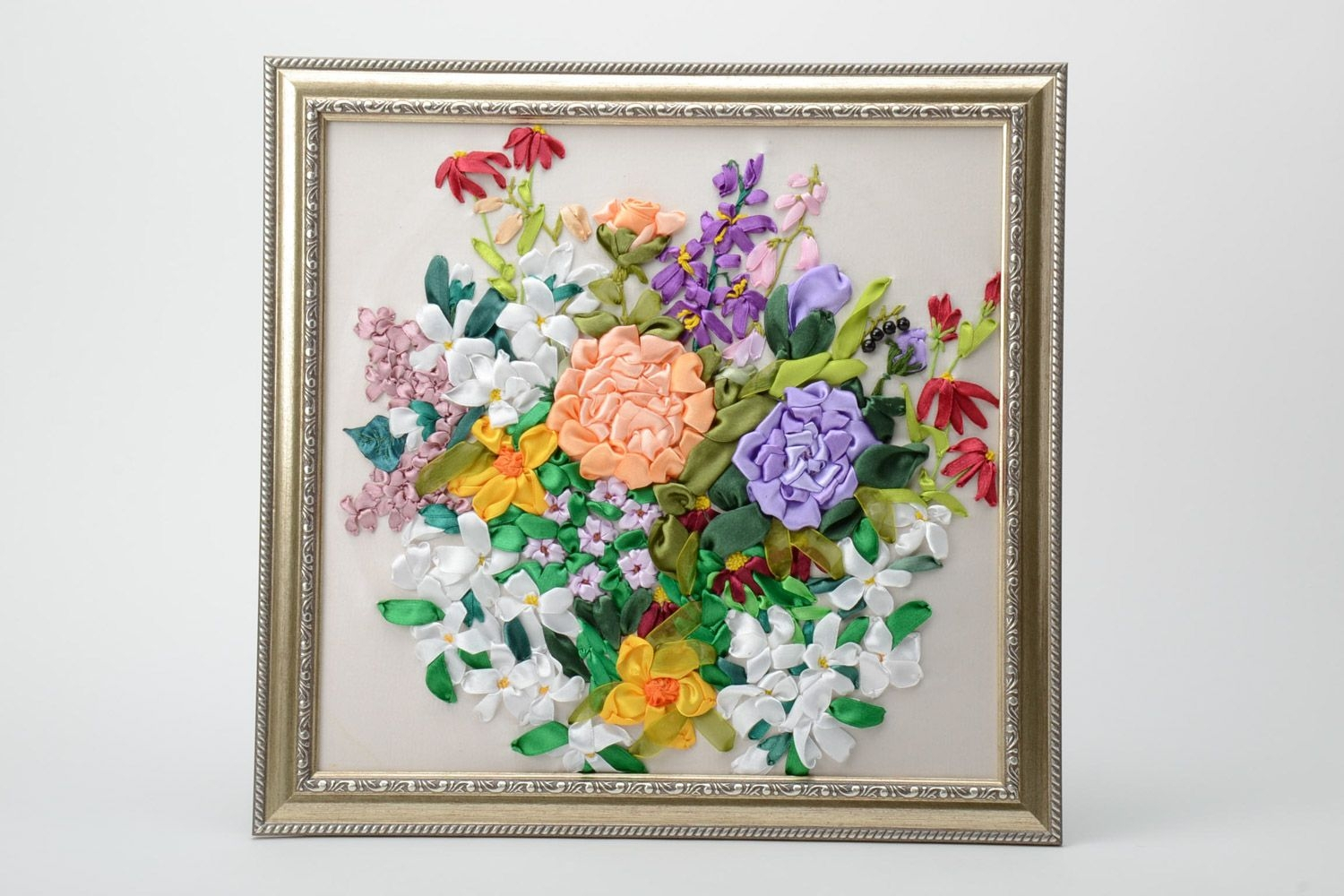 Ribbon Embroidery Flowers Patterns Handmade Square Picture With Satin Ribbon Embroidered Flowers In Frame
