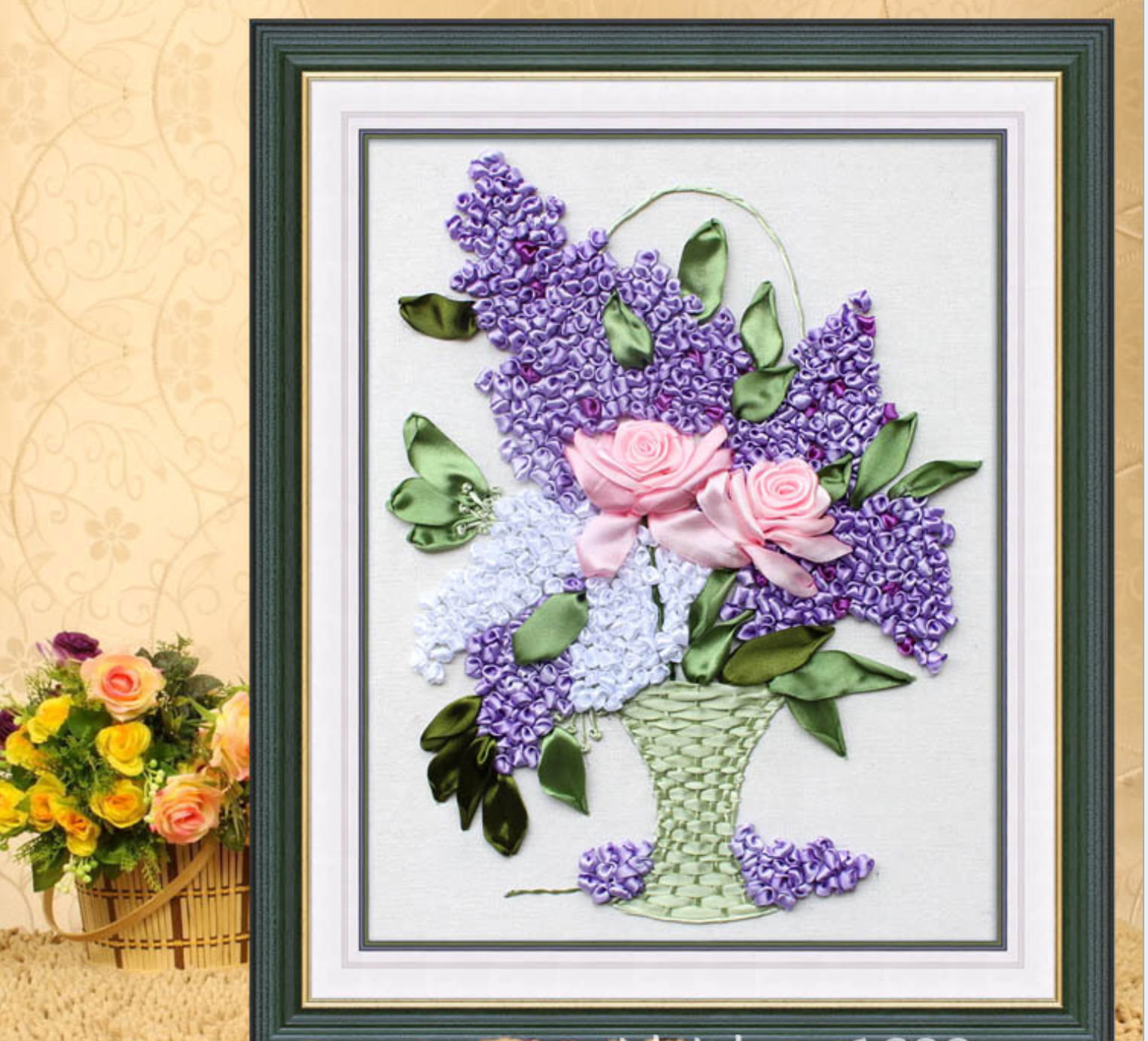 Ribbon Hand Embroidery Patterns Flower Basket Diy Ribbon Hand Embroidery Kit Marked Pattern Cotton Home Decor 55x45cm