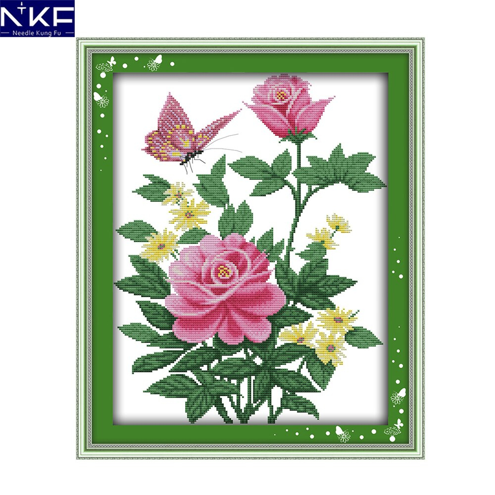 Rose Patterns For Embroidery Us 769 48 Offnkf Pink Rose And Butterfly Flower Style Design Needlework Sets Embroidery Design Cross Stitch Patterns For Home Decoration In