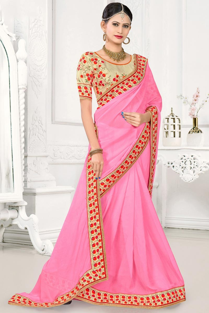 Saree Embroidery Patterns Amazing Pink Color Party Wear Chiffon Saree With Embroidery Designs