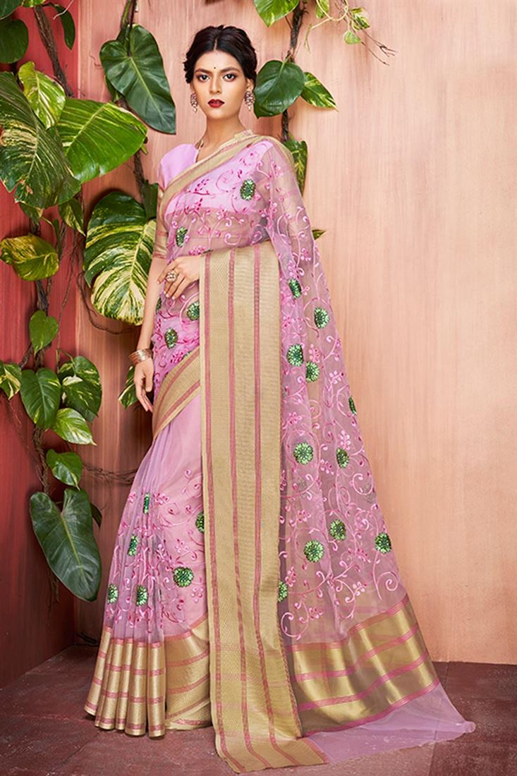 Saree Embroidery Patterns Art Silk Fabric Embroidery Designs On Pink Color Reception Wear Saree With Attractive Blouse