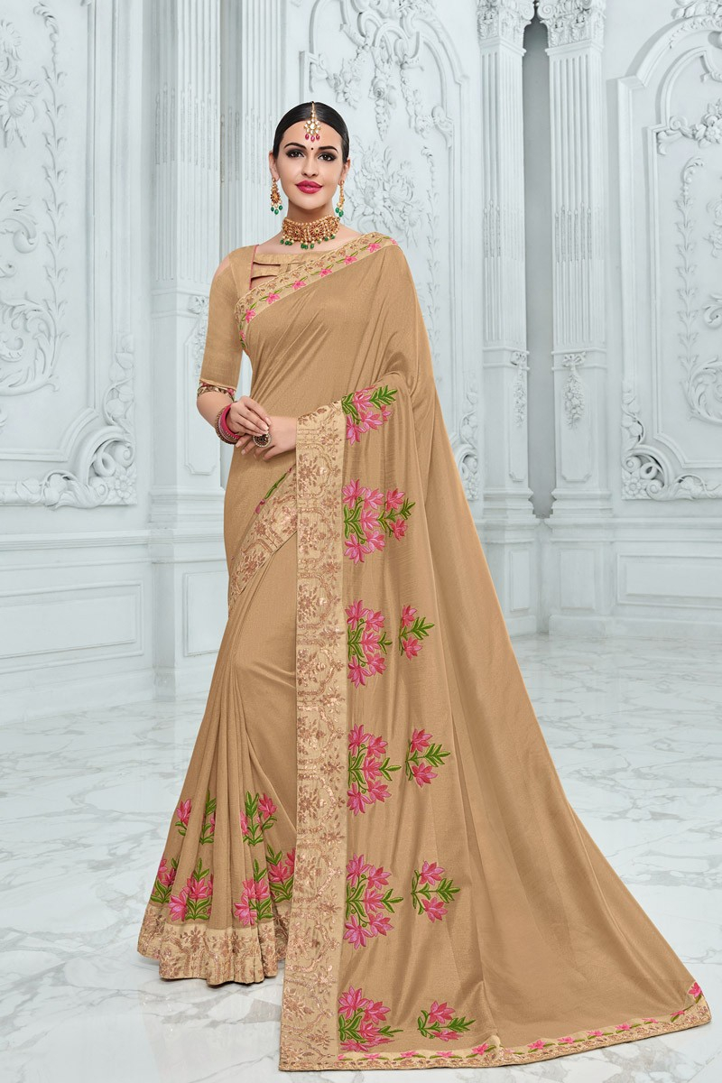 Saree Embroidery Patterns Chiffon Fabric Designer Saree In Cream With Embroidery Designs And Attractive Blouse