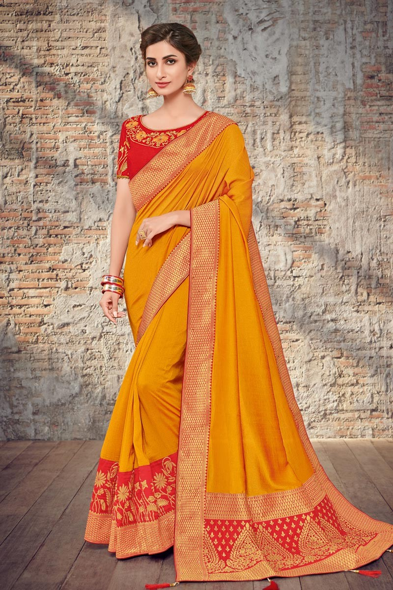 Saree Embroidery Patterns Embroidery Designs On Mustard Color Function Wear Saree In Art Silk Fabric With Classic Blouse