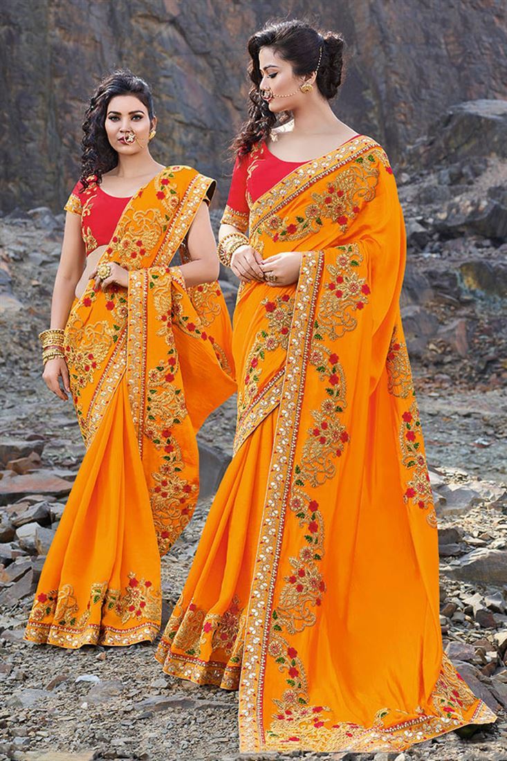 Saree Embroidery Patterns Festive Special Embroidery Designs On Art Silk And Georgette Orange Party Wear Saree