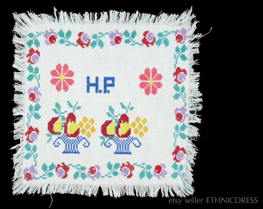Slovak Embroidery Patterns Vintage Hand Embroidered Handkerchief Napkin From Slovakia Ethnic Folk Art Traditional Cross Stitch Sampler Floral Pattern Old Kroj