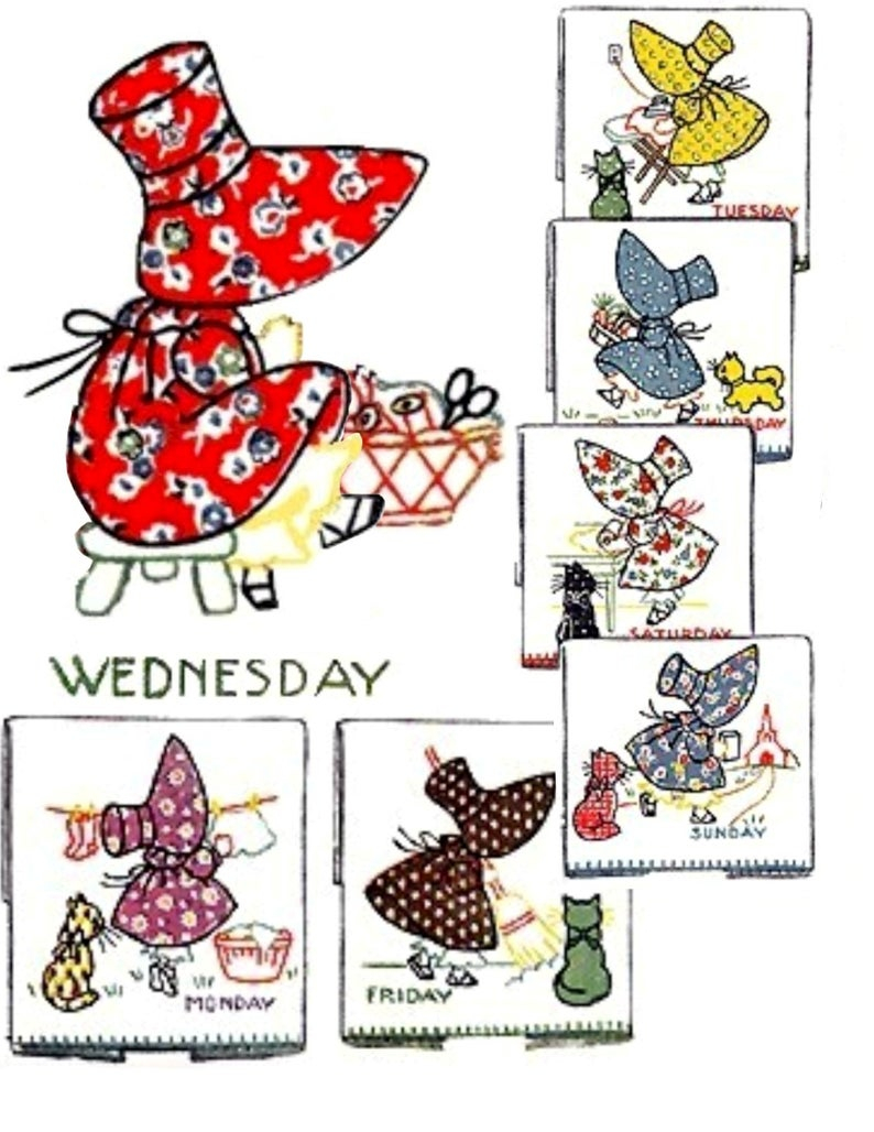 Sunbonnet Sue Embroidery Patterns Digital Download Sunbonnet Girls Hand Embroidery Applique Motifs Vintage Embroidery Mccall 668 Sunbonnet Sue Days Of Week Transfers