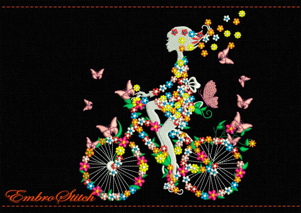 Tattoo Embroidery Patterns Biking Flower Girl Embroidery Design 2 Sizes