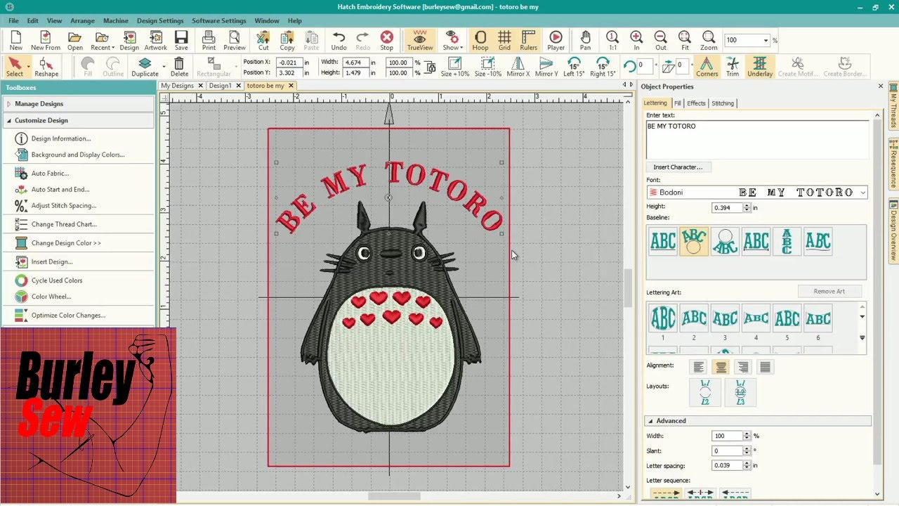 Totoro Embroidery Pattern Hatch Embroidery Tutorial 4 Digitize Add Text And Position Custom Design Valentines Totoro