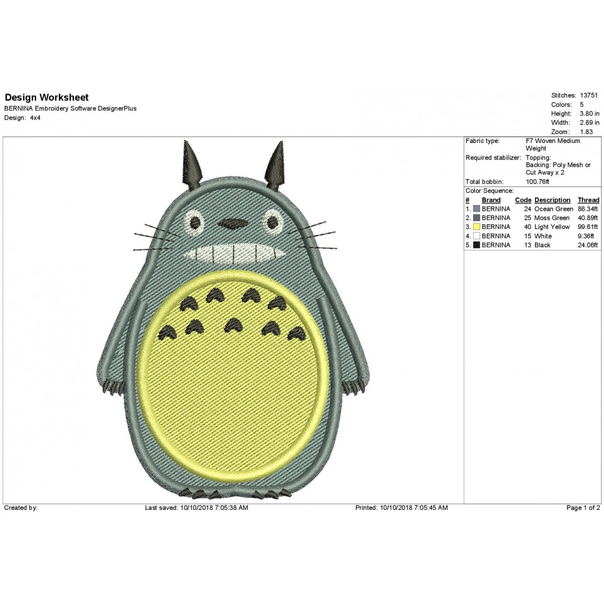 Totoro Embroidery Pattern Totoro Filled Embrodery Design