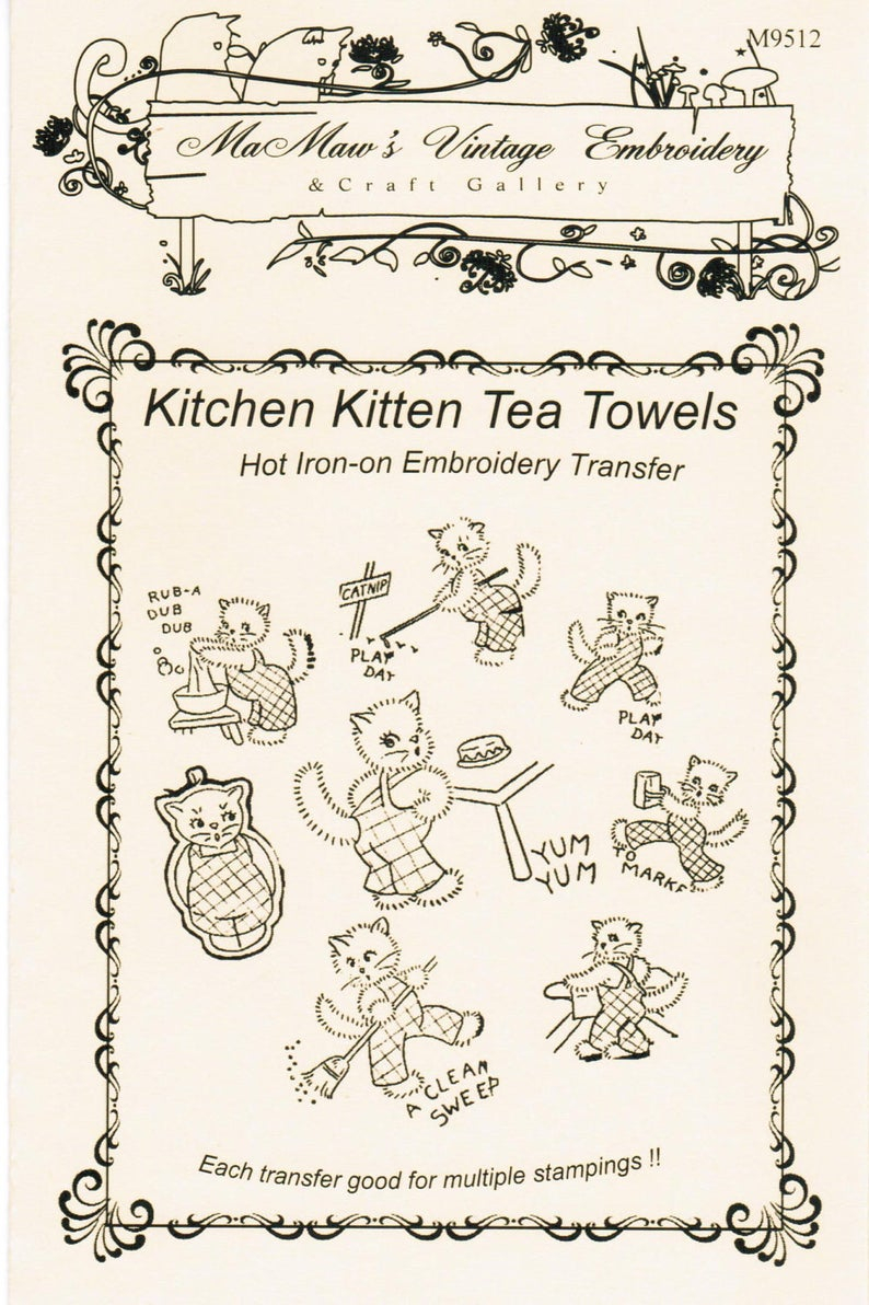 Transfer Embroidery Pattern M101 Kitchen Kittens Hot Iron Transfer Embroidery Pattern Mamaws Vintage