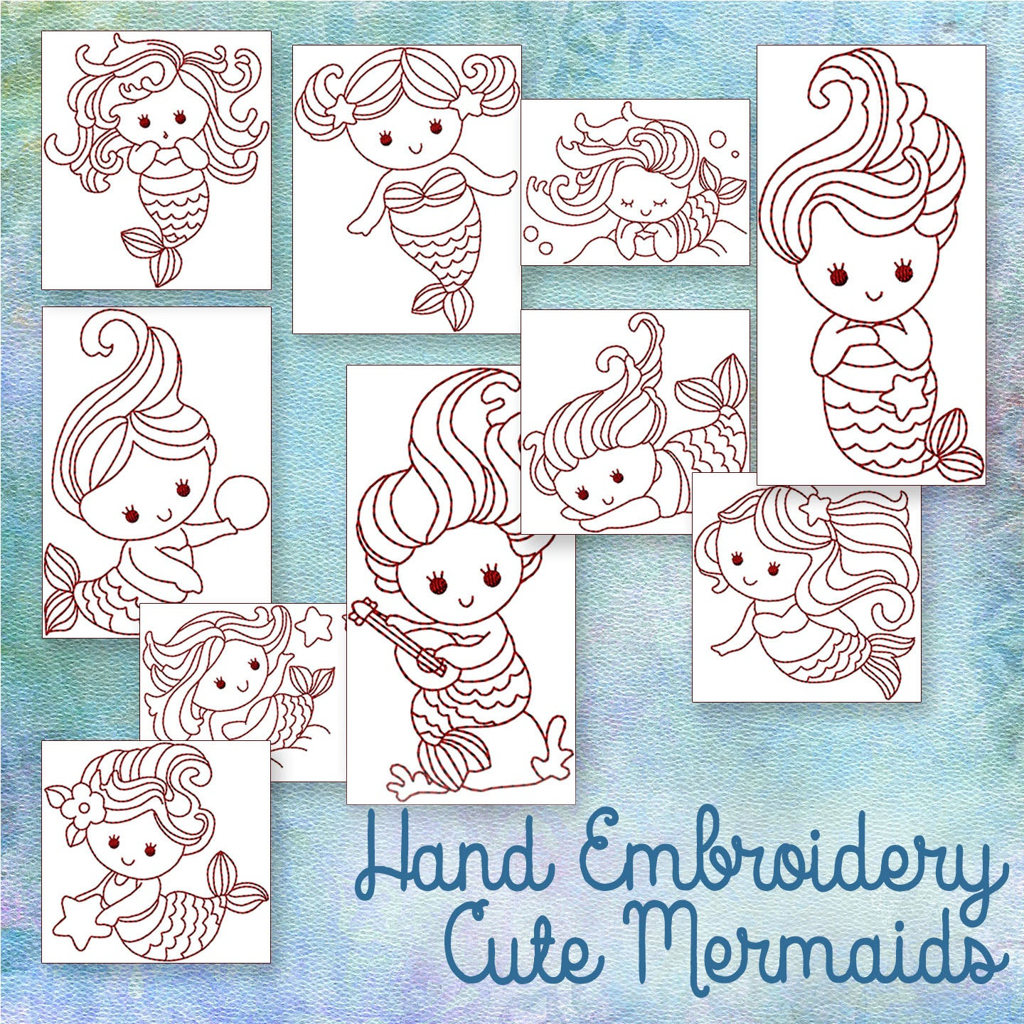 Turkish Embroidery Patterns Sale Hand Embroidery Patterns Redwork Designs Cute Mermaids In 4 Sizes Pdf Instant Download