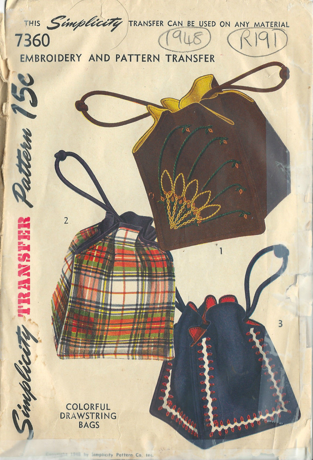 Vintage Embroidery Transfer Patterns 1948 Vintage Sewing Pattern Bag Embroidery Transfer R191