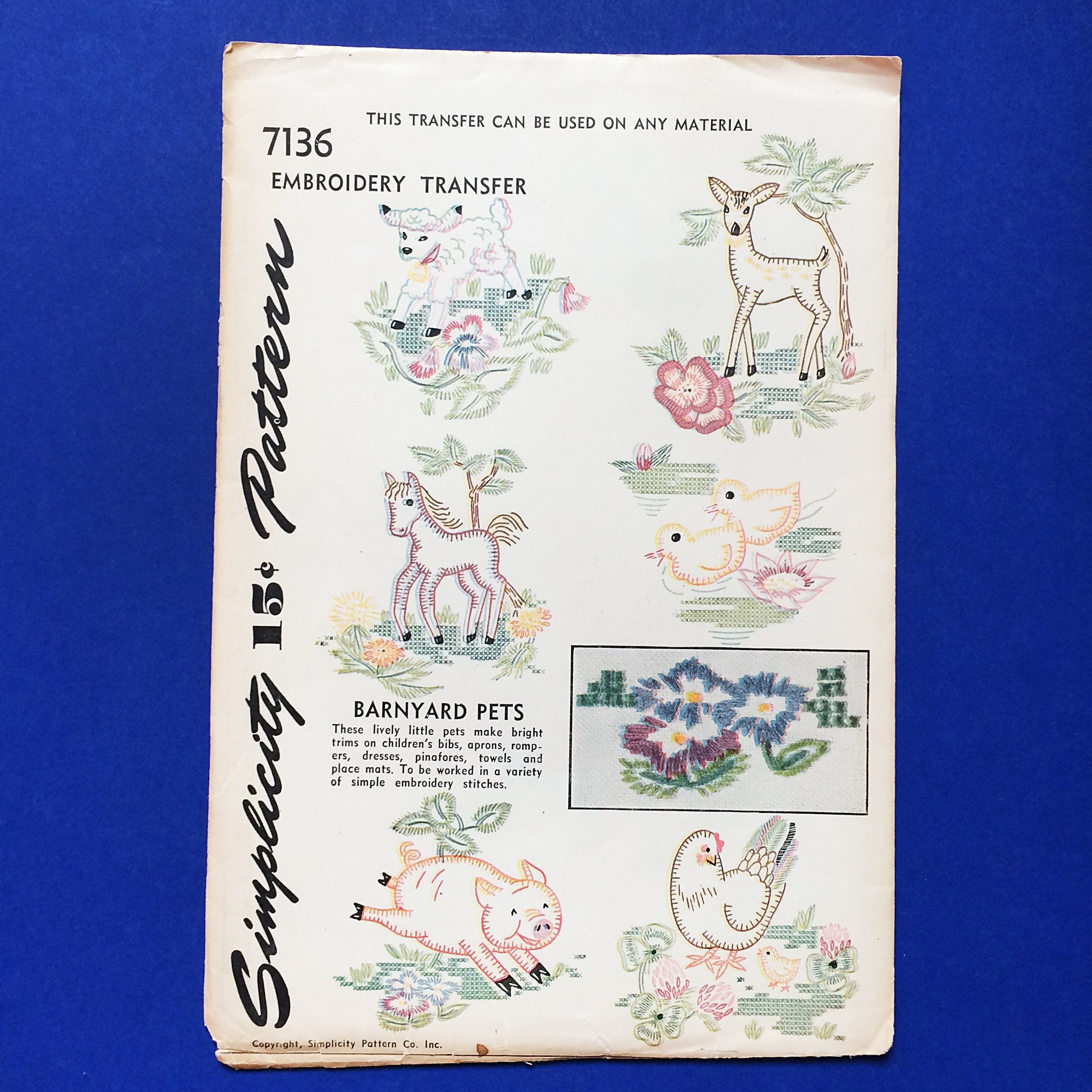Vintage Embroidery Transfer Patterns Very Rare Original Uncut Vintage Embroidery Transfer Pattern Simplicity 7136 Barnyard Pets Animals For Children 1940s