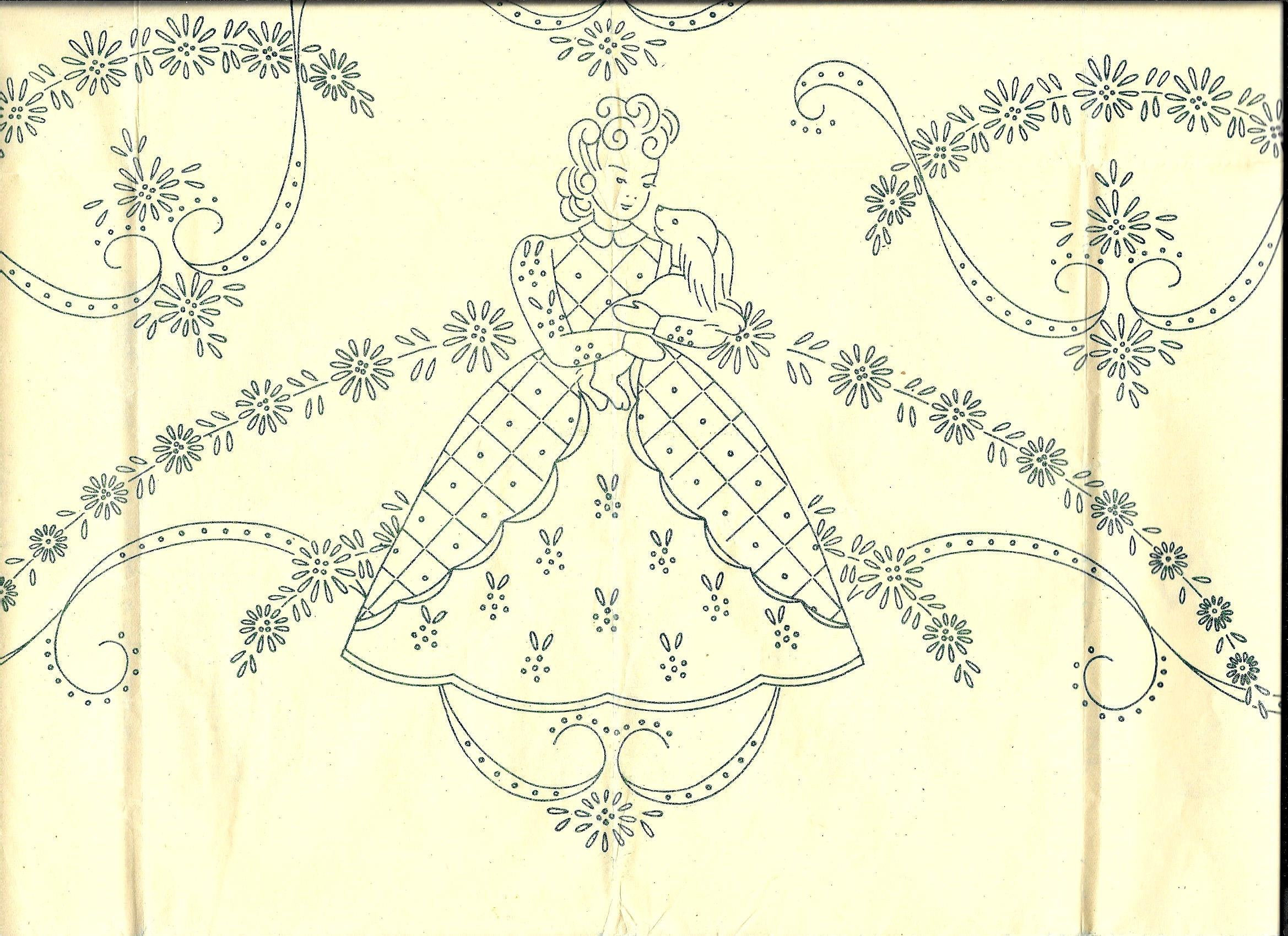 Vintage Embroidery Transfer Patterns Vintage Embroidery Transfer Pattern 7736 1950s Mail Order Lady Hoop Skirt W Floral Motif For Pillow Cases Scarf Tablecloth Napkins